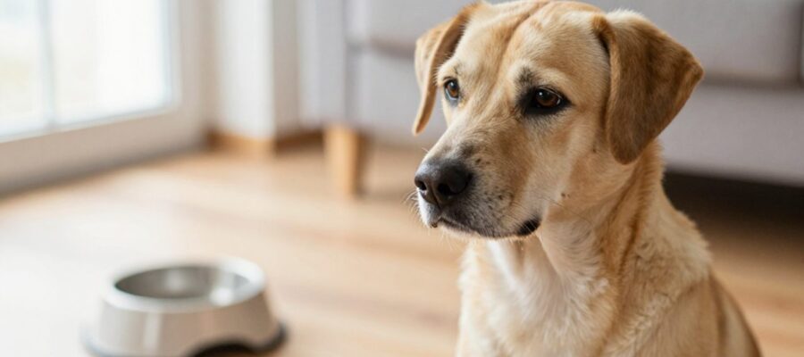 Perro de tamaño mediano con expresión de decaimiento sentado en una sala, con su cuenco de comida vacío al fondo.