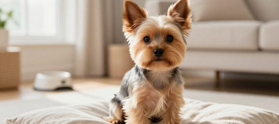 Cachorro de raza pequeña, similar a un Yorkshire Terrier, sentado con atención sobre un cojín en un salón iluminado.