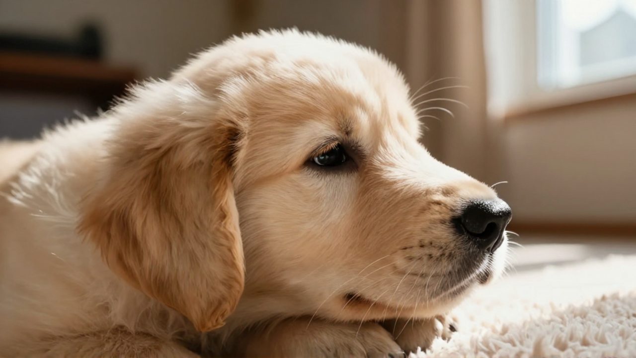 Un cachorro de golden retriever apoya su cabeza en el pelaje de su madre en un ambiente cálido y luminoso.