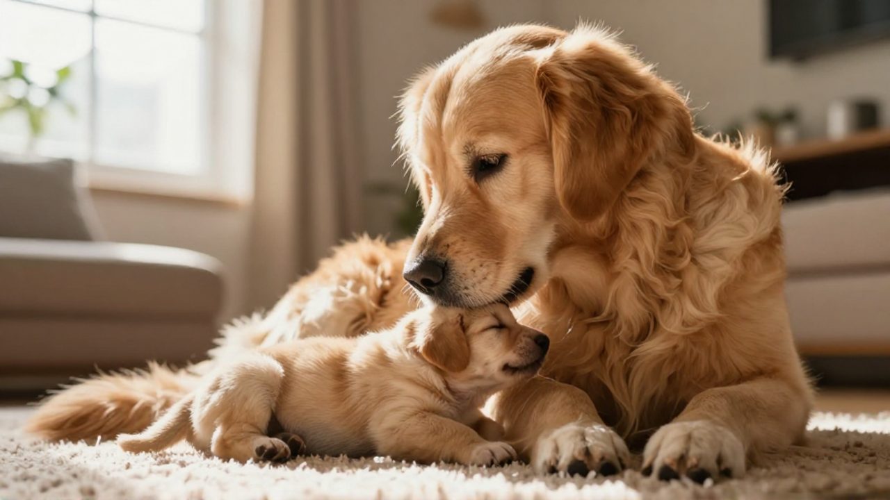 Una perra Golden Retriever amamanta a su cachorro recién nacido en un entorno doméstico iluminado por el sol.