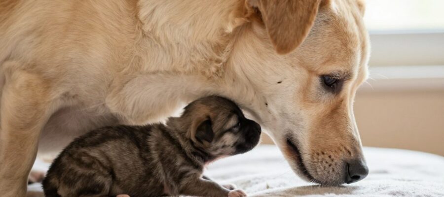 Una perra doméstica lame tiernamente a su cachorro sobre una superficie suave para mostrar el vínculo maternal.