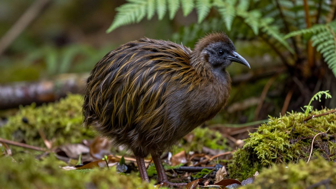 Un kiwi de perfil muestra su plumaje único, que asemeja cerdas de pelo, mientras se encuentra sobre el suelo húmedo y musgoso de un bosque neozelandés.