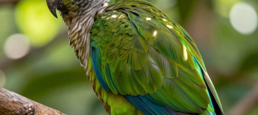 Primer plano de las plumas de un loro en un entorno natural, donde se aprecian los detalles de su estructura y pequeñas plumas nuevas emergiendo de la piel.