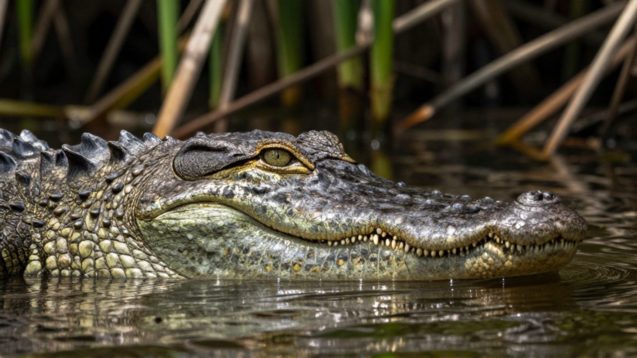 Primer plano del ojo y el hocico de un cocodrilo marino que asoma sobre la superficie de un río entre vegetación tropical.