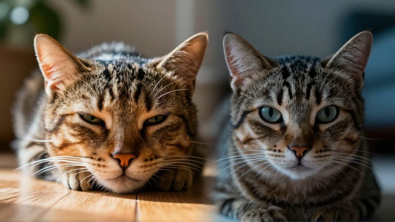 Primer plano comparativo de un gato que muestra una expresión relajada bajo la luz del sol frente a una expresión de tensión con pupilas dilatadas.