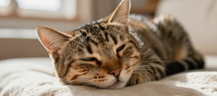 Gato atigrado con los ojos entrecerrados que descansa relajado sobre una tela clara en un ambiente cálido y luminoso.