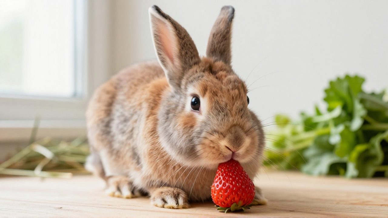 Conejo de raza Holland Lop comiendo una fresa pequeña sobre una superficie de madera.