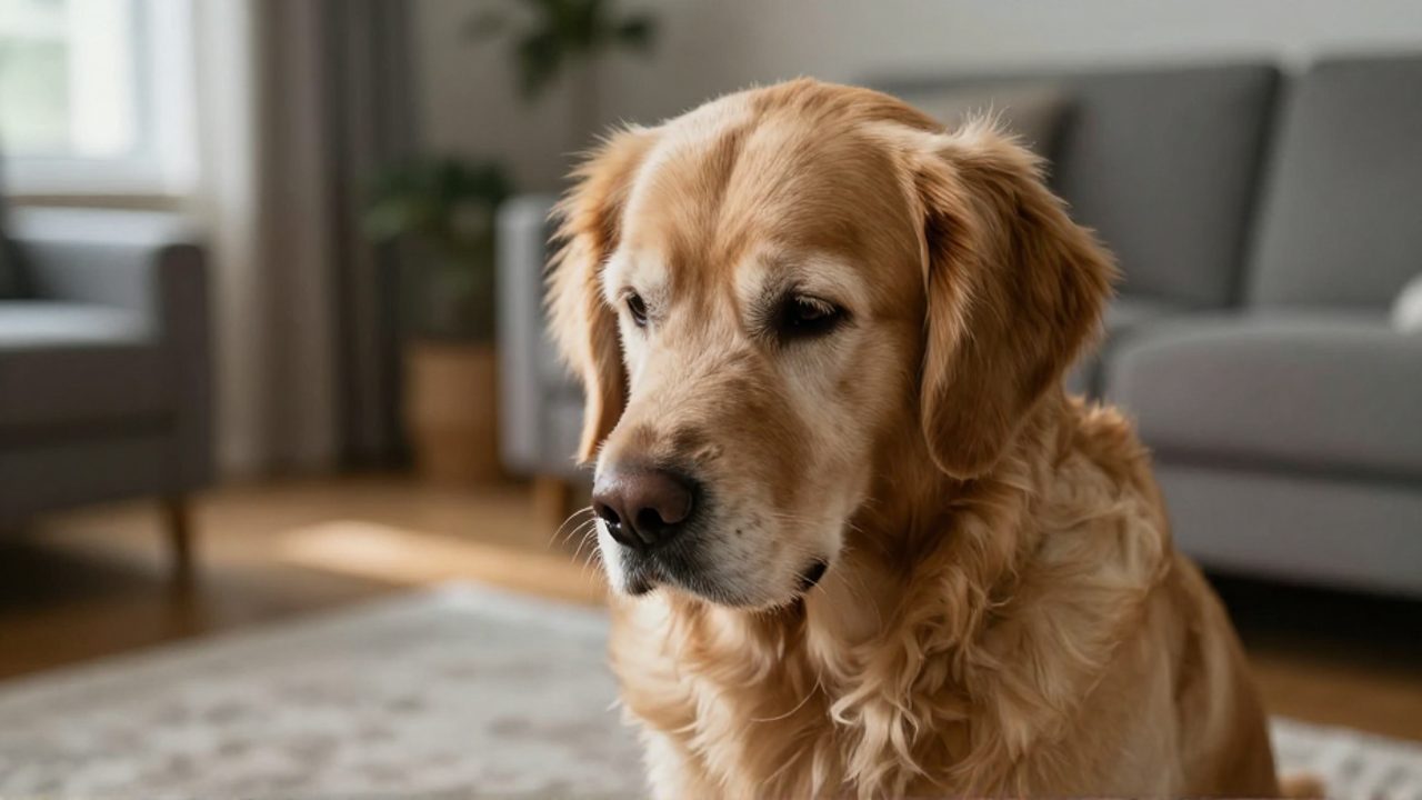 Perro Golden Retriever anciano sentado solo en una sala con la cabeza baja y expresión de cansancio y decaimiento.