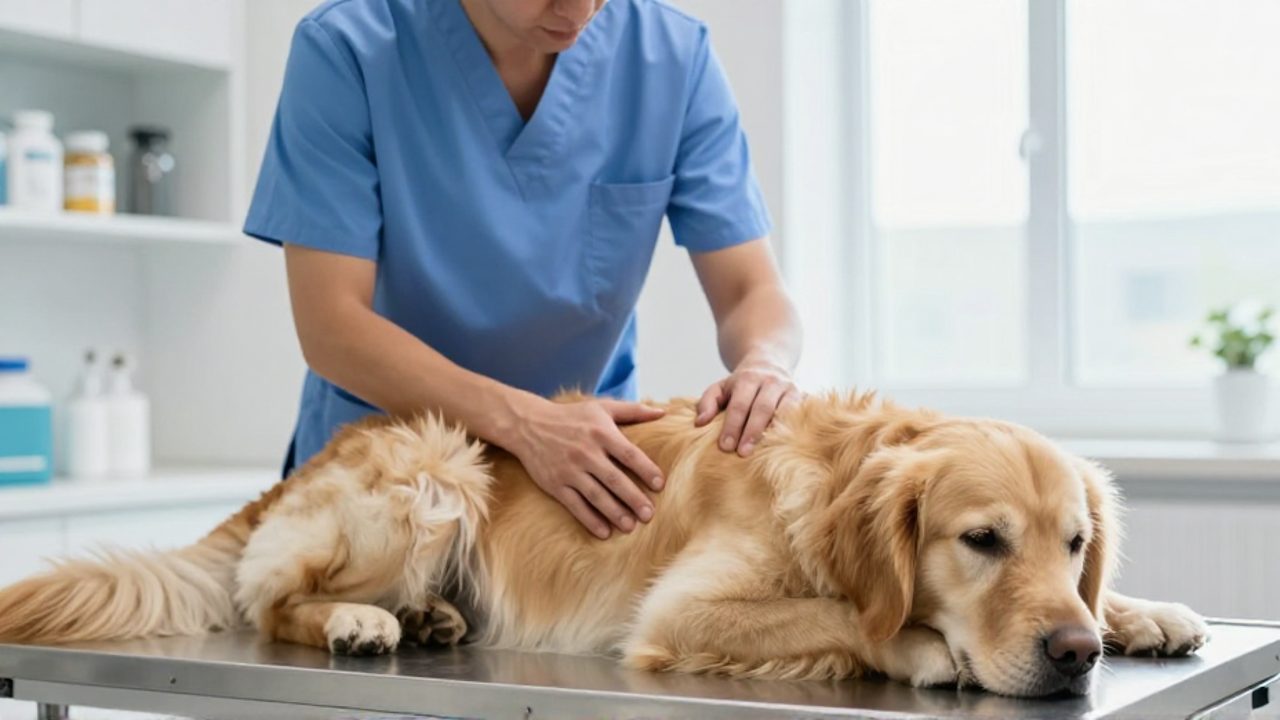 Un veterinario examina con cuidado el abdomen de un perro Golden Retriever sobre una mesa de exploración en una clínica.