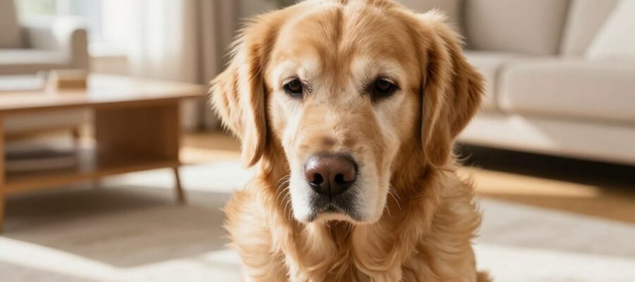 Perro Golden Retriever de edad avanzada con expresión melancólica y cabeza baja, sentado sobre una alfombra en una sala iluminada.