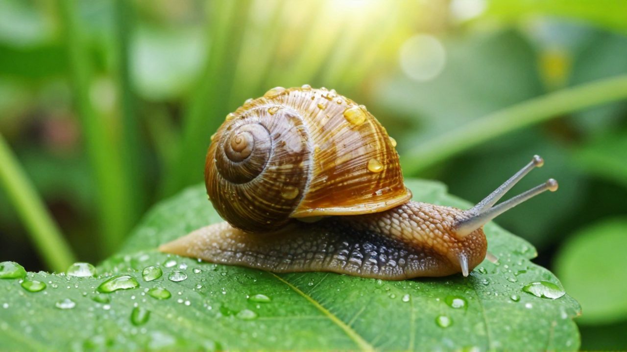 Caracol de caparazón café moviéndose lentamente sobre una hoja verde cubierta de gotas de rocío.