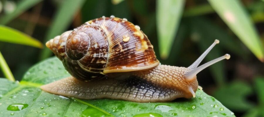 Caracol con concha de patrones marrones desplazándose sobre una hoja verde cubierta de gotas de rocío en un jardín.
