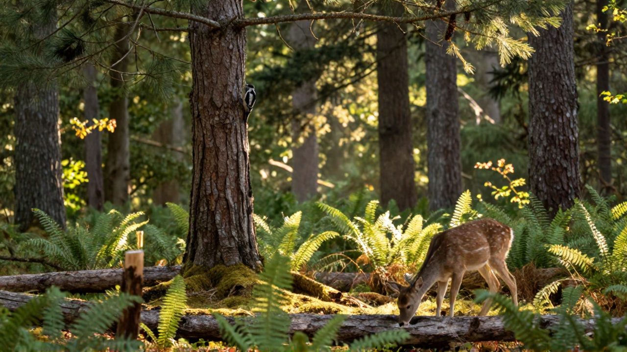 Un ciervo cola blanca pasta entre helechos y troncos cubiertos de musgo en un bosque templado con pinos y robles bajo la luz del sol.