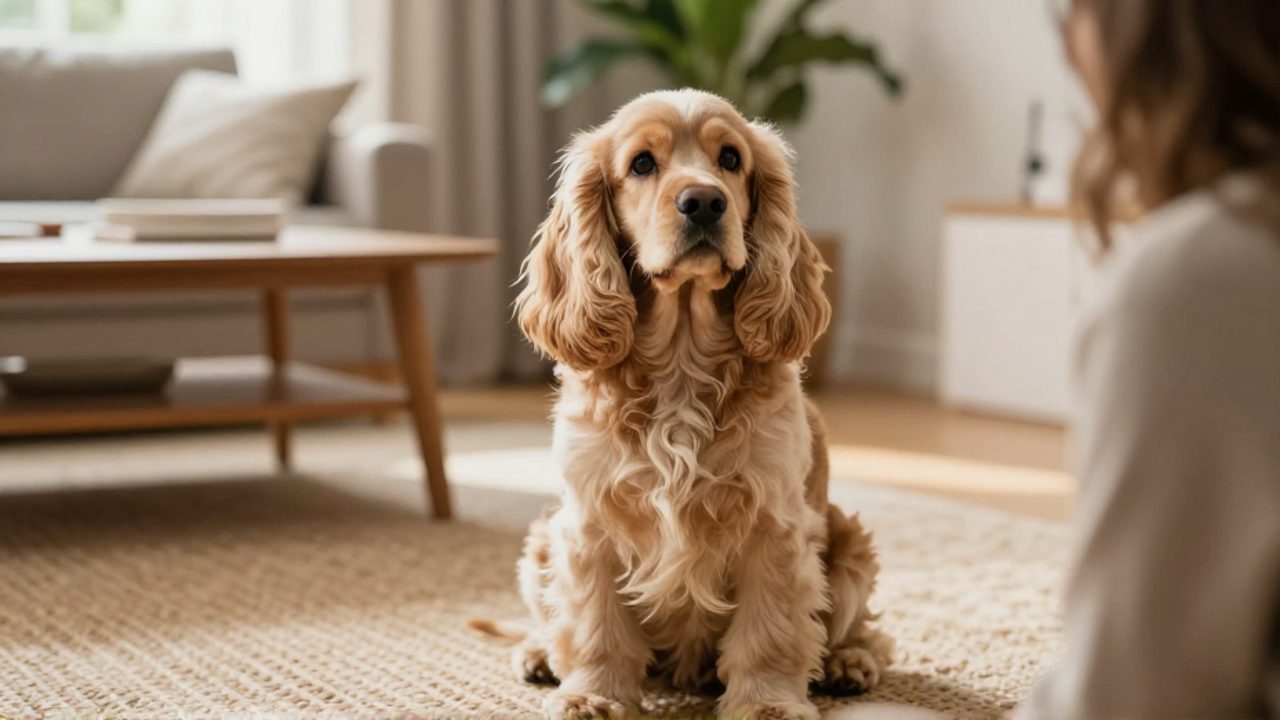 Cocker Spaniel con expresión dócil sentado en una alfombra de una sala iluminada por el sol.