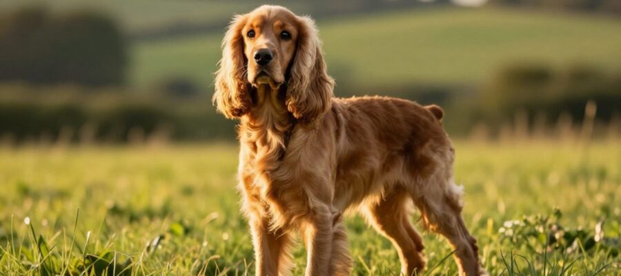 Cocker Spaniel Inglés de pelaje dorado y orejas largas posando alerta en un prado verde bajo la luz del atardecer.