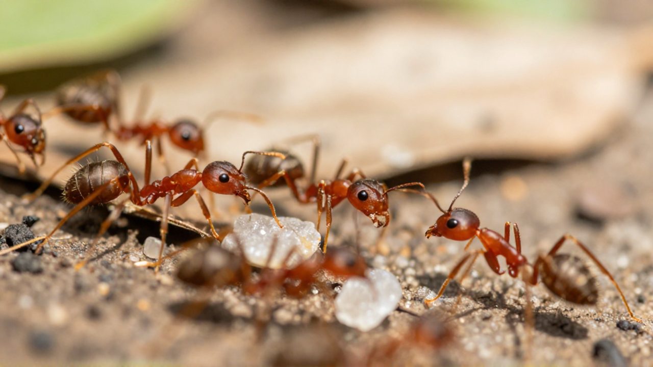 Hilera de hormigas rojas avanzando en fila sobre restos orgánicos y un grano de azúcar en el suelo.