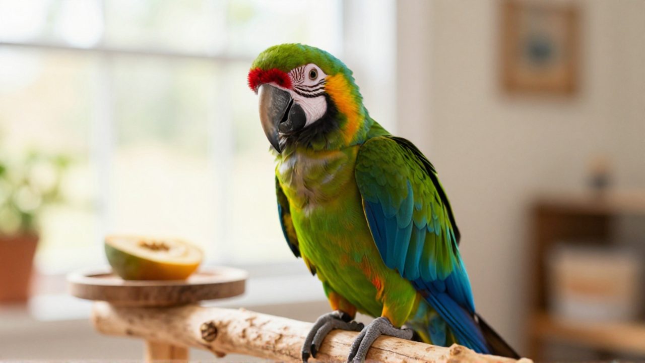 Loro macho de plumaje colorido posado sobre una rama de madera en un entorno doméstico iluminado por luz natural.