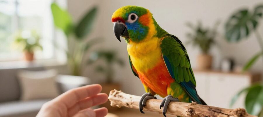 Un loro de colores vibrantes posado en una rama de madera mientras interactúa con una persona en una sala luminosa.