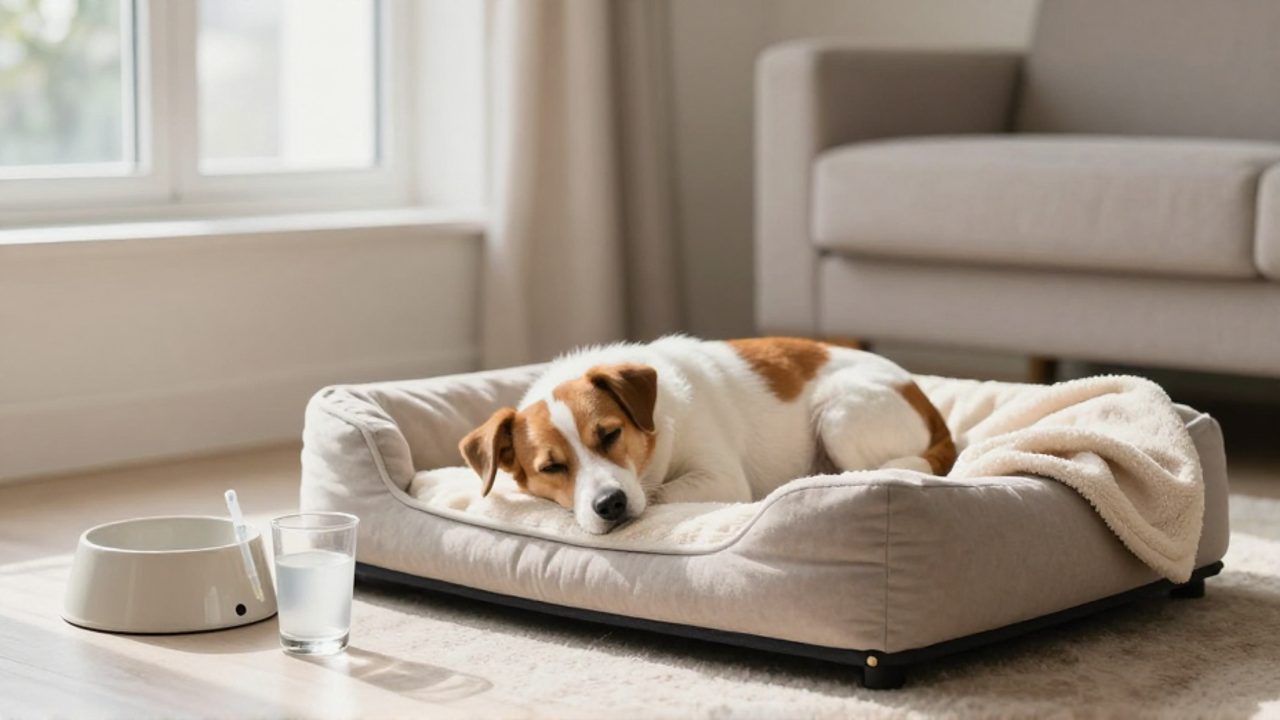 Perro descansando tranquilo en una cama ortopédica junto a un cuenco de agua y una solución de rehidratación en un entorno doméstico luminoso.