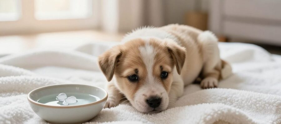 Cachorro débil descansando sobre una manta blanca junto a un pequeño cuenco con agua y cubitos de hielo para su hidratación.