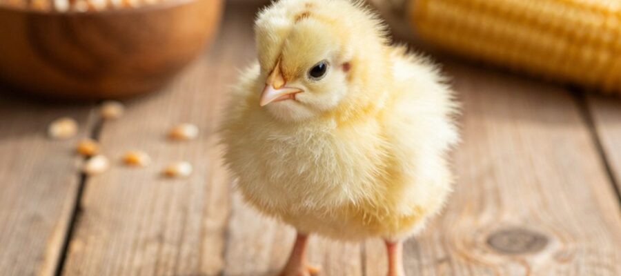 Un pequeño pollito amarillo y esponjoso observa con curiosidad desde una superficie de madera con granos de maíz esparcidos.
