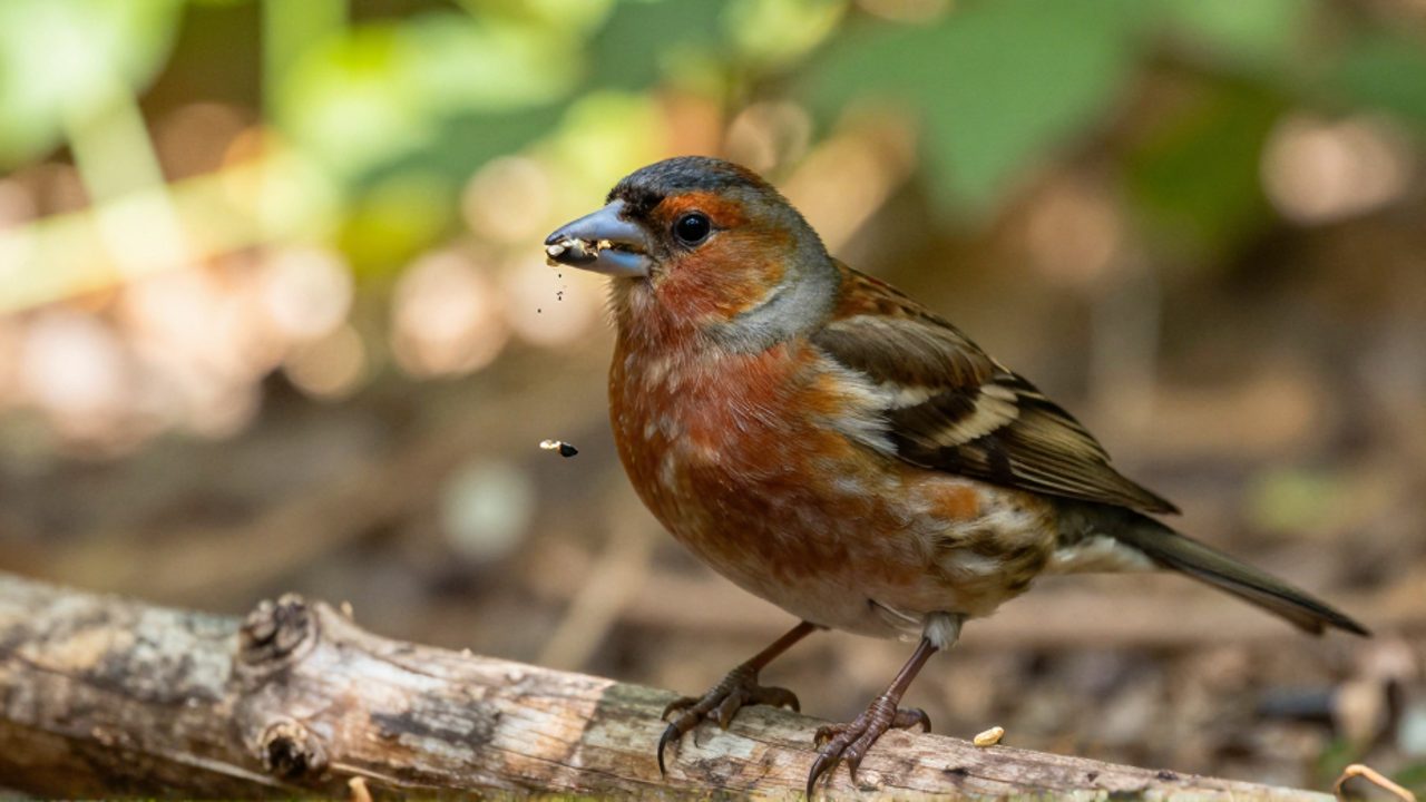 Un pinzón de plumaje colorido rompe una semilla con su pico cónico mientras se posa sobre una rama de madera en un entorno boscoso.