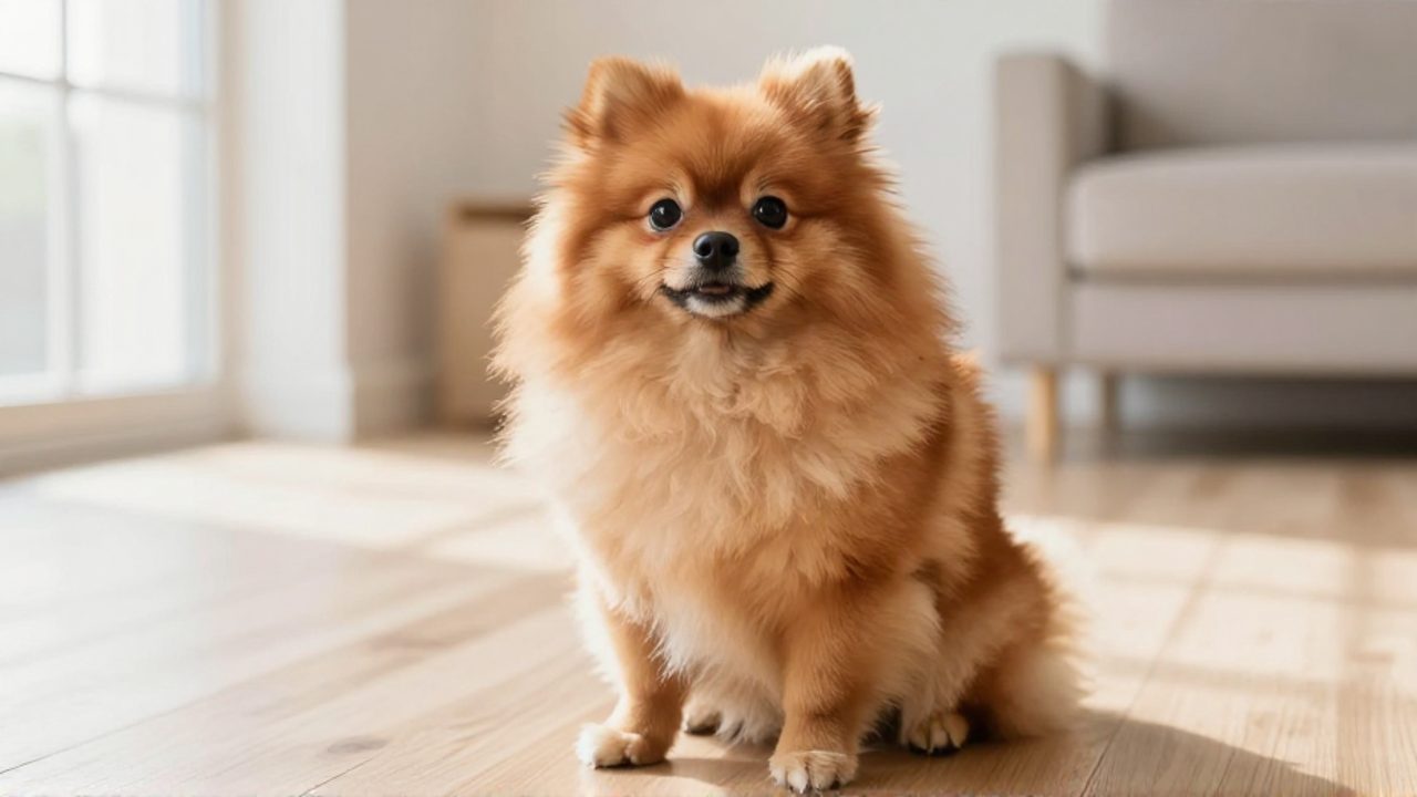 Perro pomerania de color naranja con pelaje abundante sentado en un suelo de madera clara en una sala iluminada.