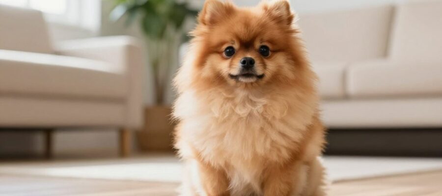 Perro pomerania de pelaje naranja y crema sentado en el suelo de una sala de estar iluminada.