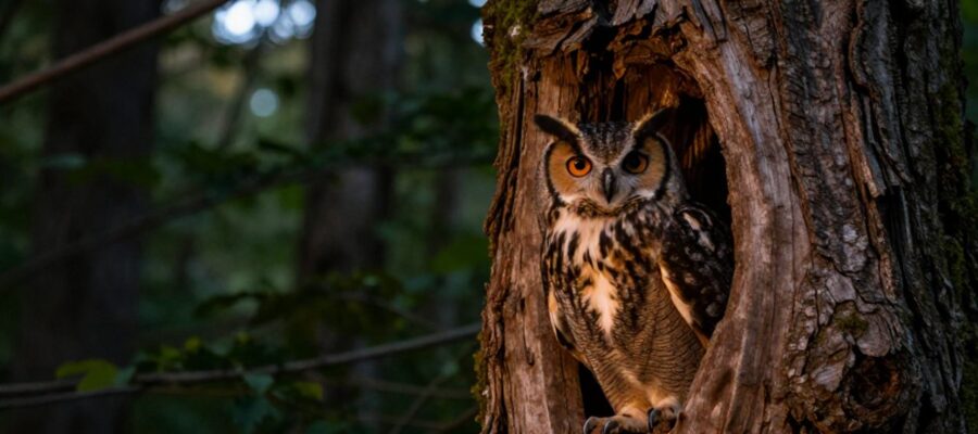 Un búho cornudo con ojos ámbar observa desde el interior de un hueco en el tronco de un árbol en un bosque crepuscular.