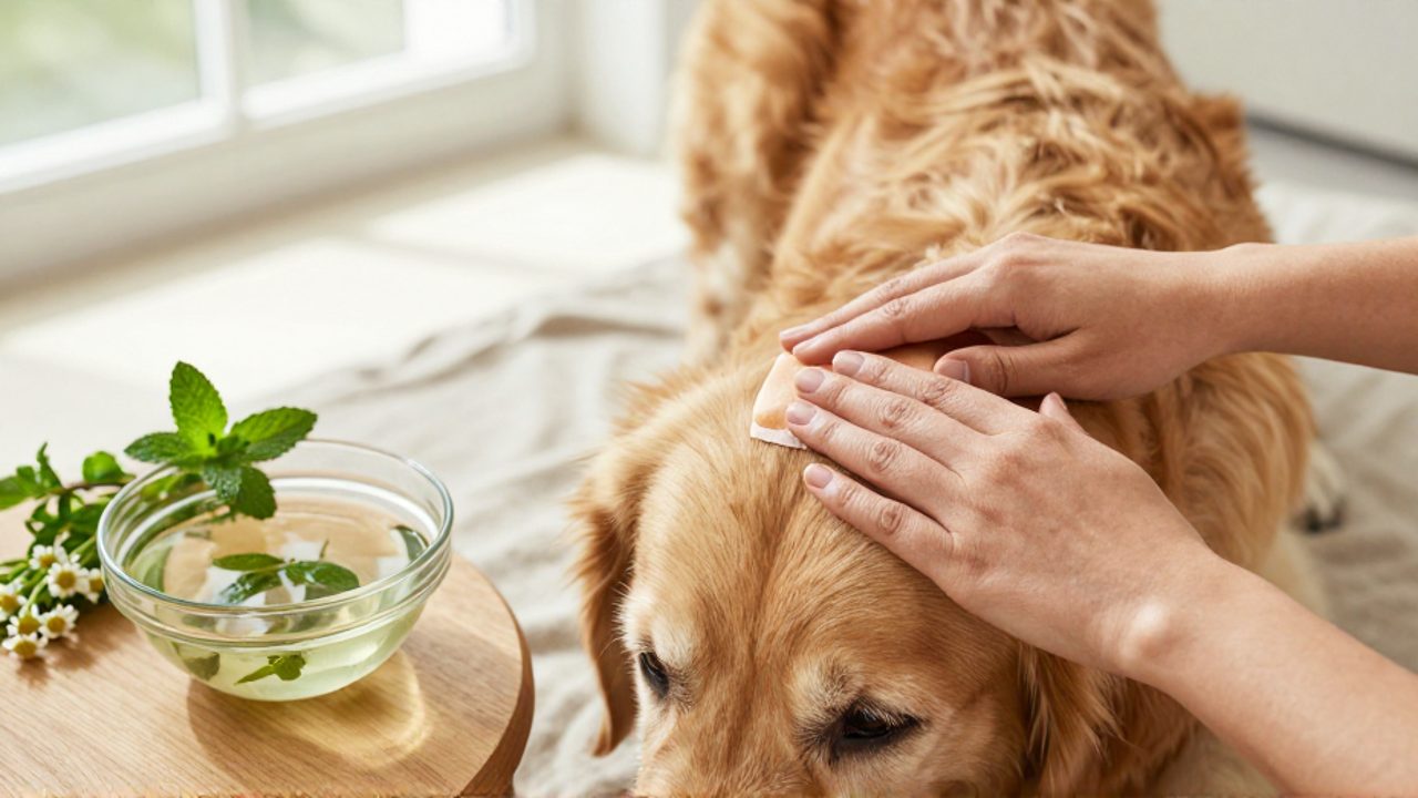 Una mano realiza una prueba de contacto en el pelaje de un perro Golden Retriever para verificar la reacción al producto.