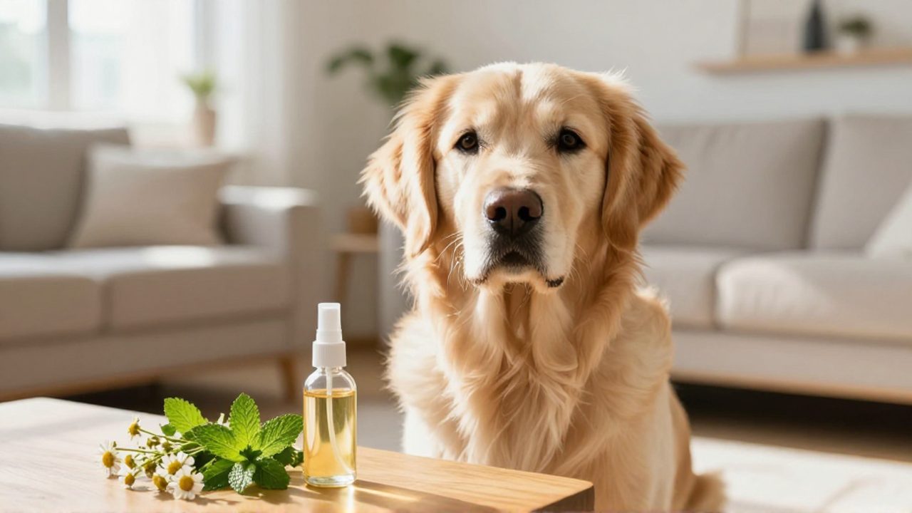 Un perro golden retriever sentado tranquilamente junto a un frasco de spray con extractos naturales de menta y manzanilla sobre una mesa.
