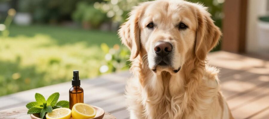 Perro Golden Retriever sentado junto a una mesa con un frasco de spray, rodajas de limón y hojas de menta en un entorno de jardín soleado.