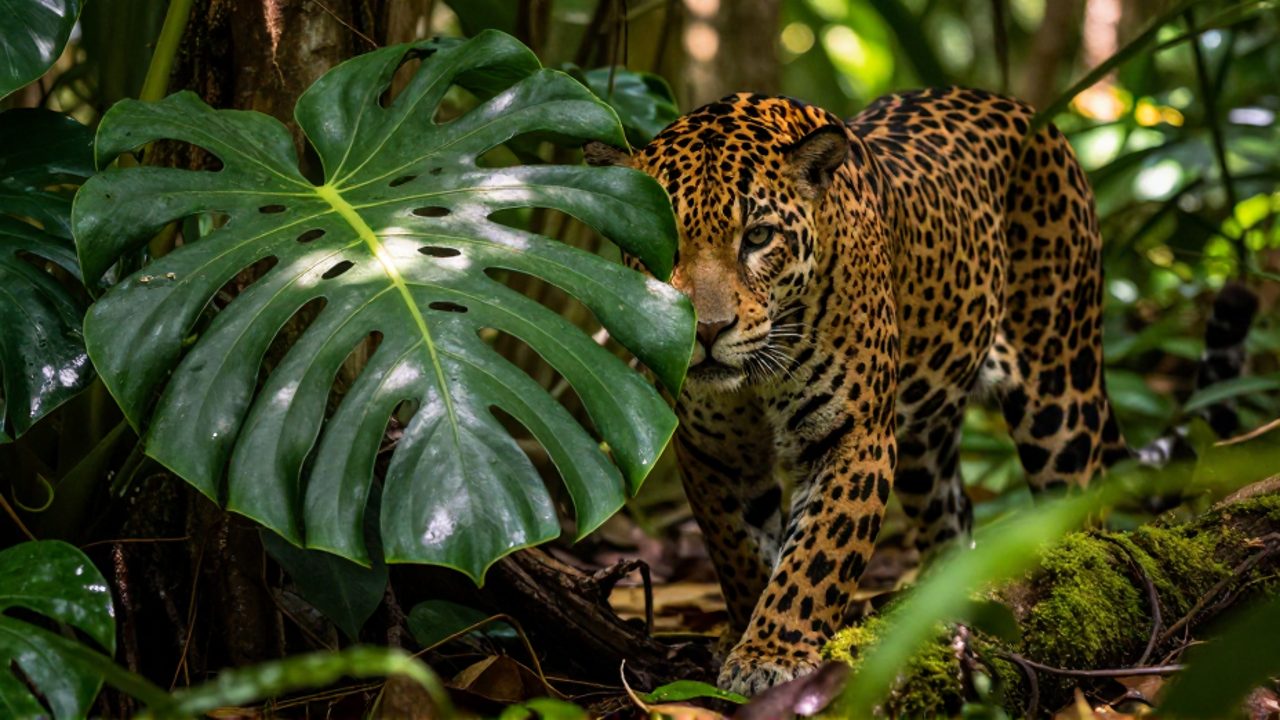 Un jaguar camina sigilosamente entre grandes hojas verdes de una selva tropical, utilizando sus manchas para camuflarse entre la vegetación.