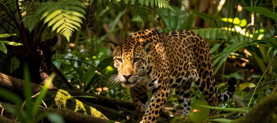 Un jaguar camina sigilosamente entre la vegetación densa y las raíces de un bosque tropical.