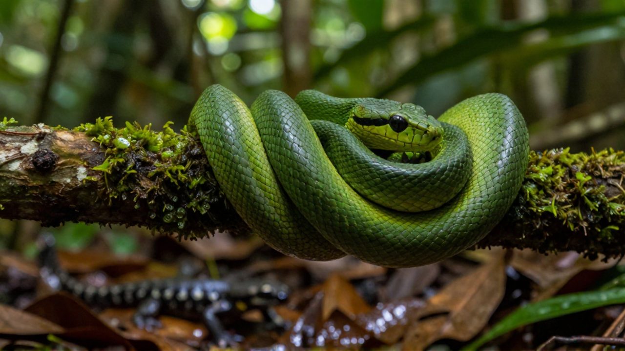 Serpiente verde enrollada sobre una rama con musgo en una selva tropical, con una salamandra moviéndose al fondo sobre la hojarasca.