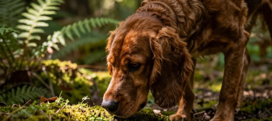 Un perro sabueso Bloodhound rastrea un olor con el hocico pegado al suelo de un bosque iluminado por el sol.