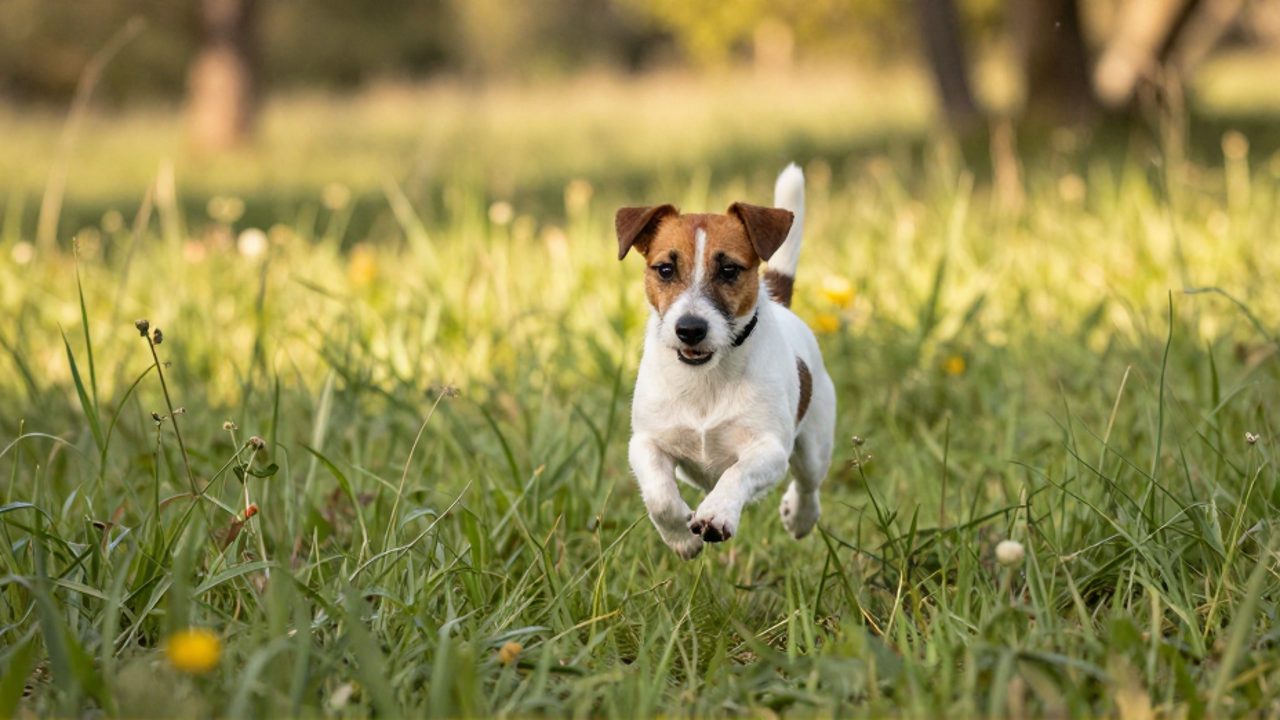 Un Jack Russell Terrier salta con energía a través de la hierba alta en un prado iluminado por el sol.