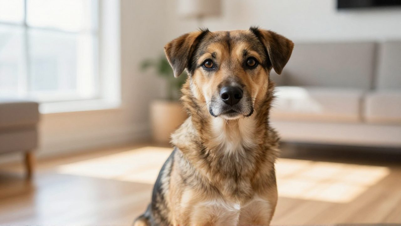 Perro mestizo de tamaño medio sentado tranquilamente en una sala de estar luminosa.