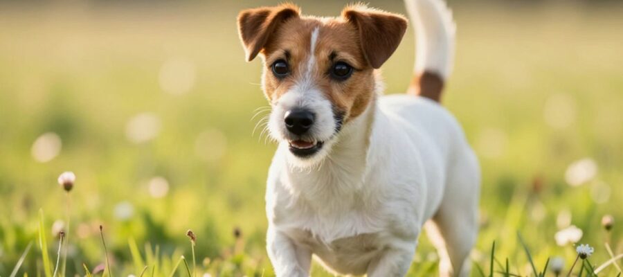 Un Jack Russell Terrier con expresión alerta y energía mientras corre por un prado iluminado por el sol.