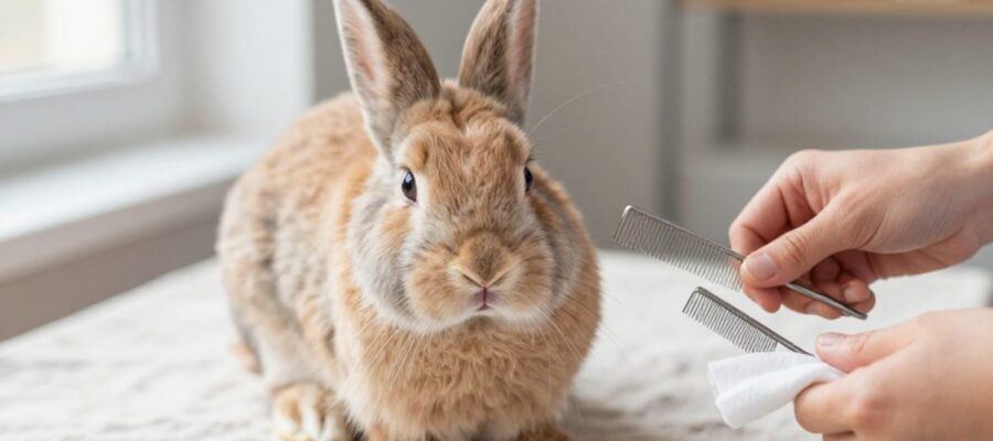 Un conejo Holland Lop sentado sobre una superficie de lino mientras una persona utiliza un peine metálico para revisarle el pelaje.