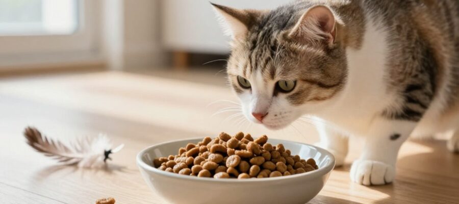Un gato se acerca con curiosidad a un cuenco con comida húmeda sobre el suelo de una cocina iluminada.