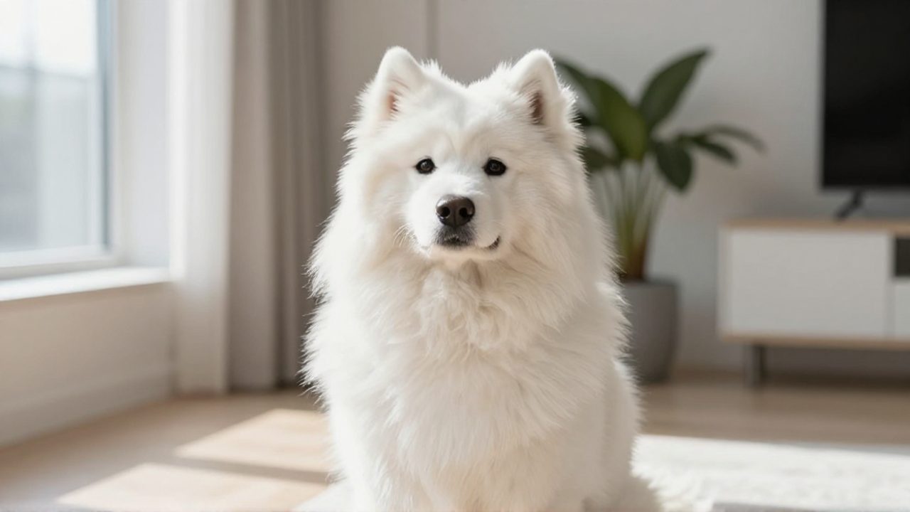 Perro Samoyedo de pelaje blanco y esponjoso sentado en una sala de estar luminosa y moderna.