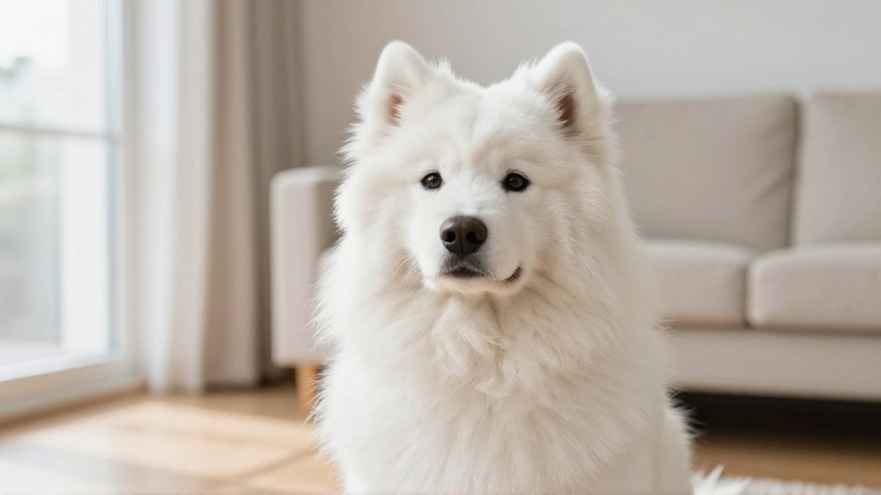 Perro Samoyedo de pelaje blanco y esponjoso sentado con calma en una sala de estar luminosa.