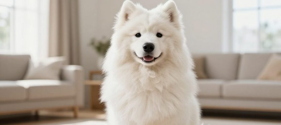 Perro Samoyedo de pelaje blanco brillante sentado tranquilamente en una sala de estar luminosa y moderna.