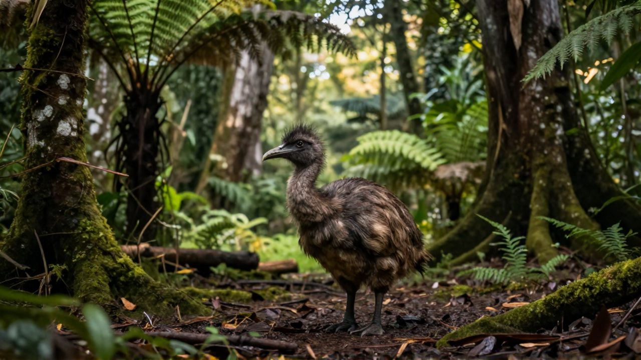 Un dodo de plumaje grisáceo observa con cautela desde el suelo de una selva tropical húmeda, con señales de deforestación en el fondo.