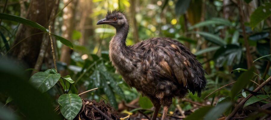 Un dodo de plumaje gris y marrón camina con cautela entre la vegetación densa de una selva tropical.