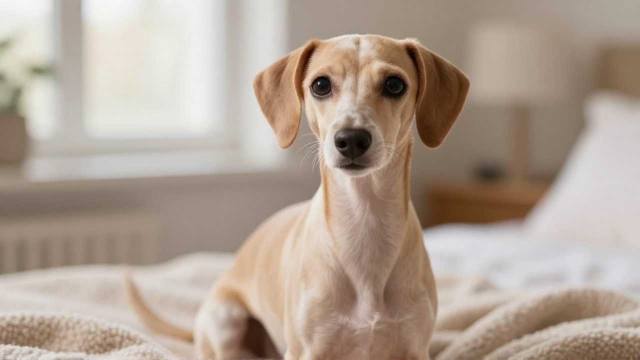 Un perro de Praga sentado tranquilamente sobre una manta, mostrando su estructura ósea delgada y su mirada alerta.