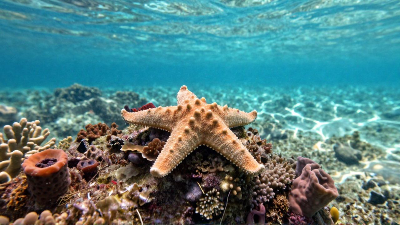 Una estrella de mar con textura detallada reposa sobre un arrecife de coral rodeada de esponjas y anémonas en un fondo marino iluminado por el sol.