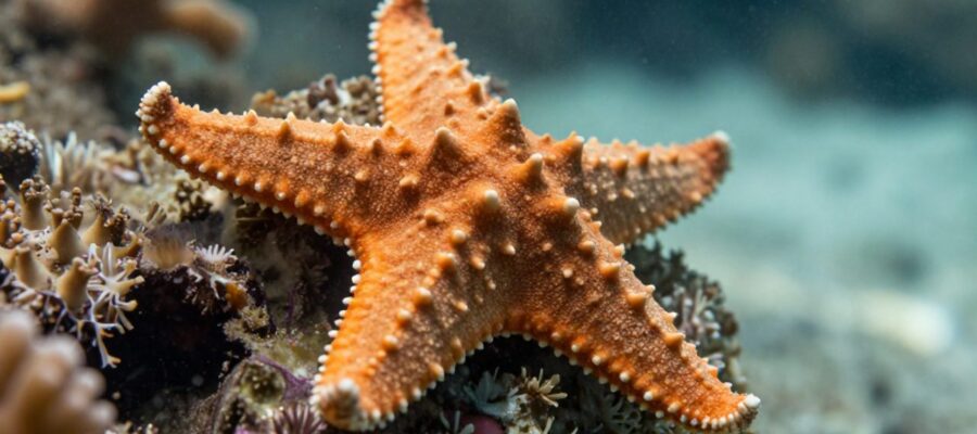 Estrella de mar de color naranja vibrante adherida a un arrecife de coral en un entorno marino submarino.