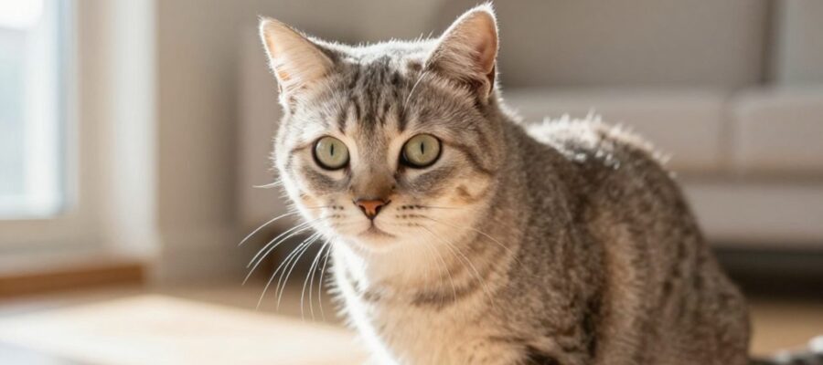 Gato doméstico con postura alerta, orejas hacia adelante y mirada fija, mostrando una respuesta conductual natural.